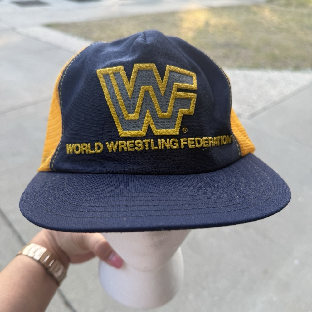 Vintage WWF World Wrestling Federation Trucker Snapback Hat Cap Blue Yellow 80s